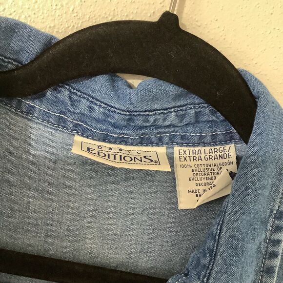 Vintage 90s Denim Wearable Art Fish Artsy Embroidered Sleeveless Button Down XL - Picture 6 of 8